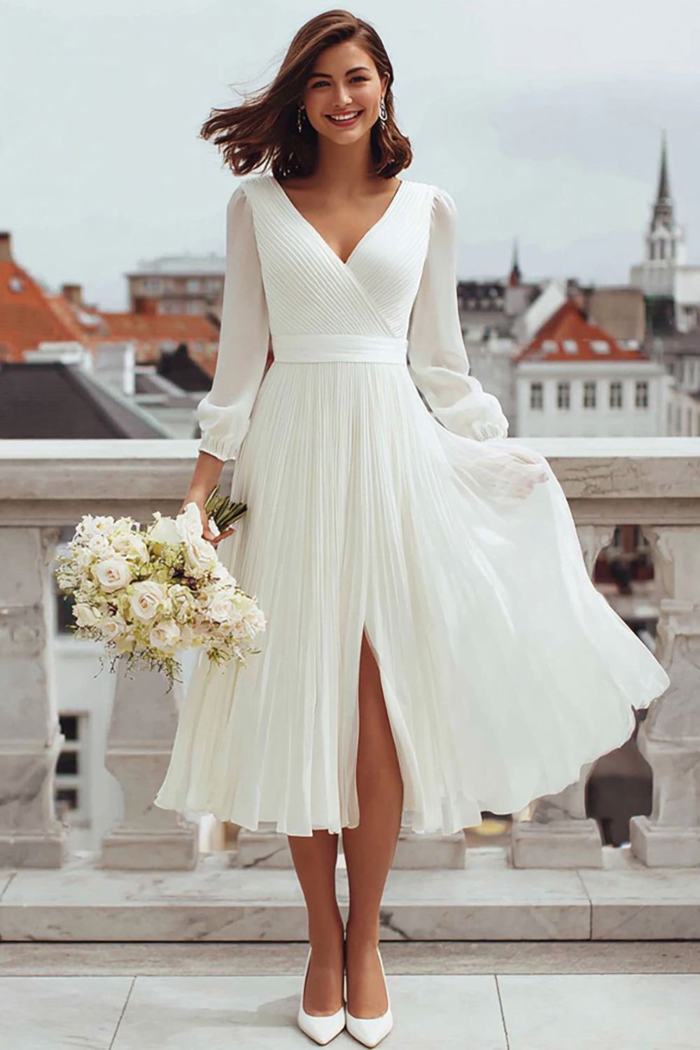 engagement dresses_Ivory A Line V-Neck Midi Engagement Dress with Slit - Ivory