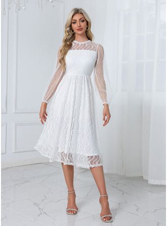 engagement dresses_JJ's House Illusion Long Sleeve A-line Lace Tulle Midi Dress