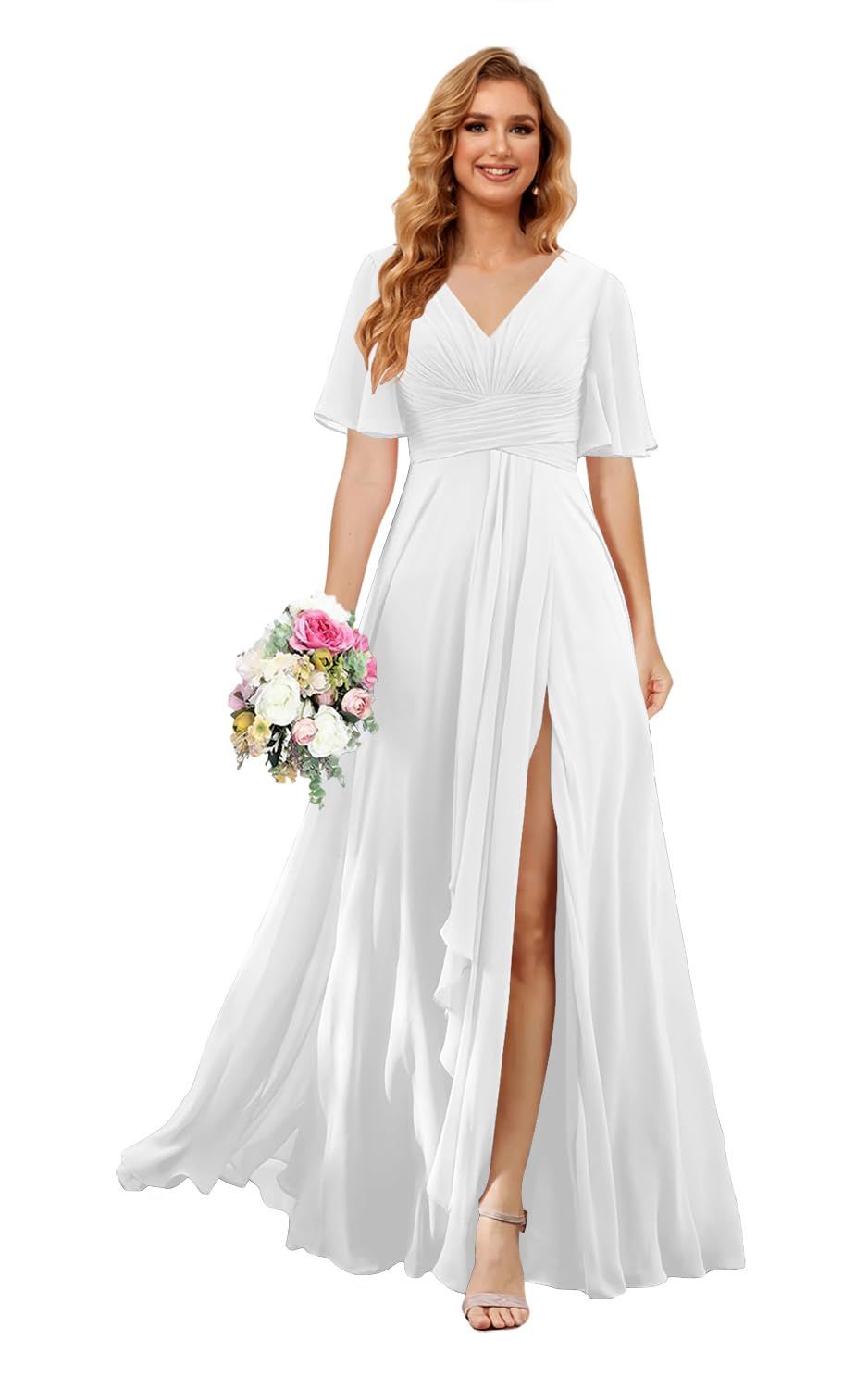 engagement dresses_Noras dress V Neck Bridesmaid Dresses with Slit Ruffle Flutter Sleeve Maxi Formal Dress with Pockets NON004