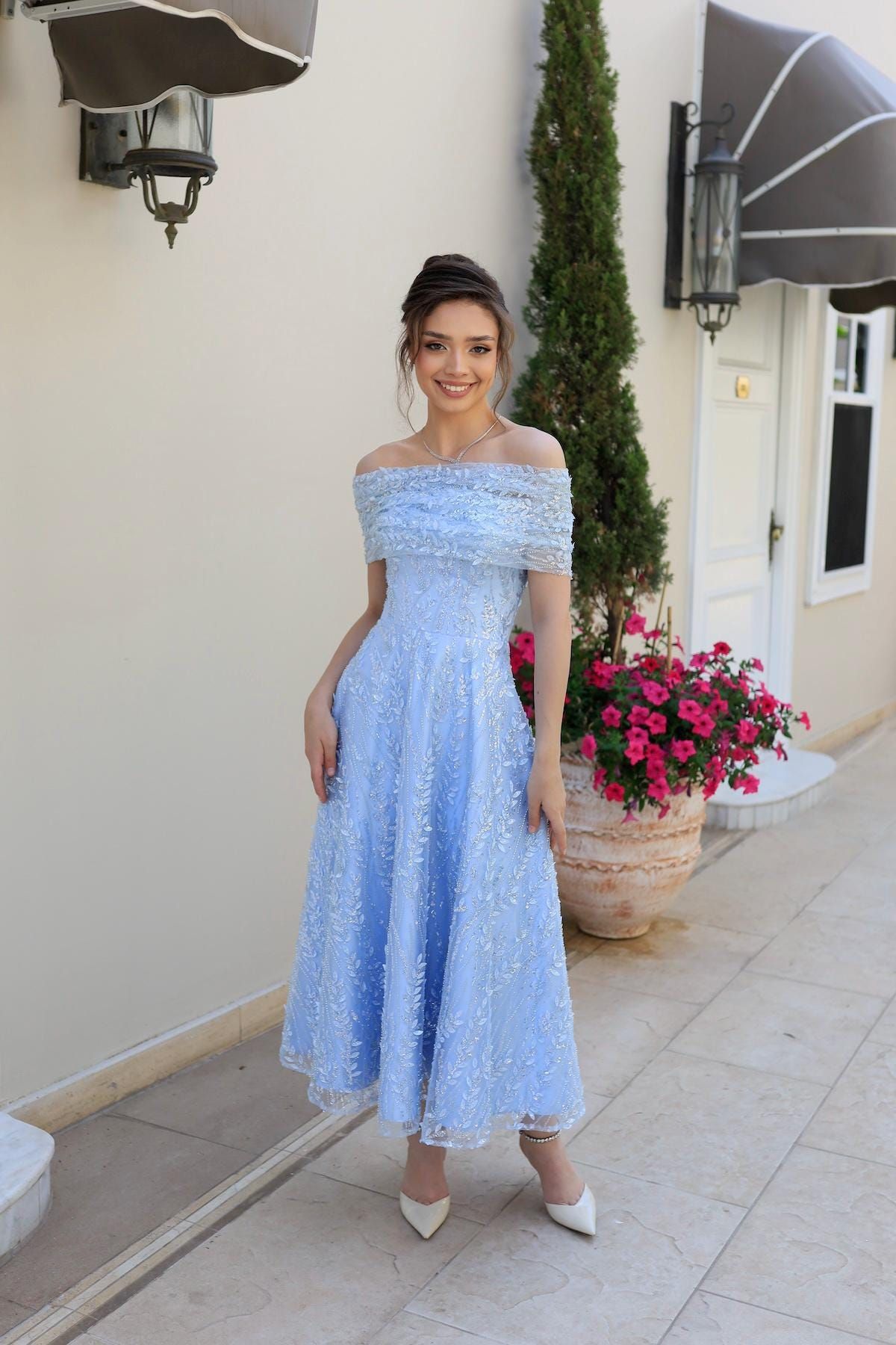 engagement dresses_Miranda Blue Midi Princess Dress, Bridal Gown, Engagement Dress, Civil Wedding, Lace
