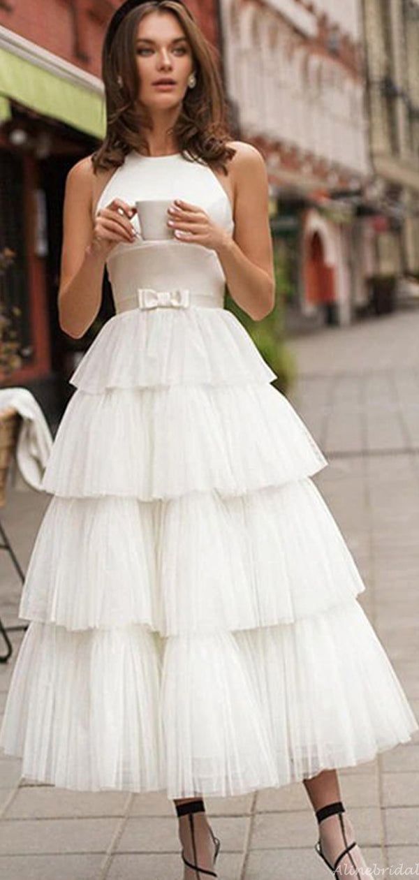 engagement dresses_Elegant White Jewel Neck Illusion Back A-line Pleats Ankle-length Prom Dress, PD3158 - US12 / Picture color
