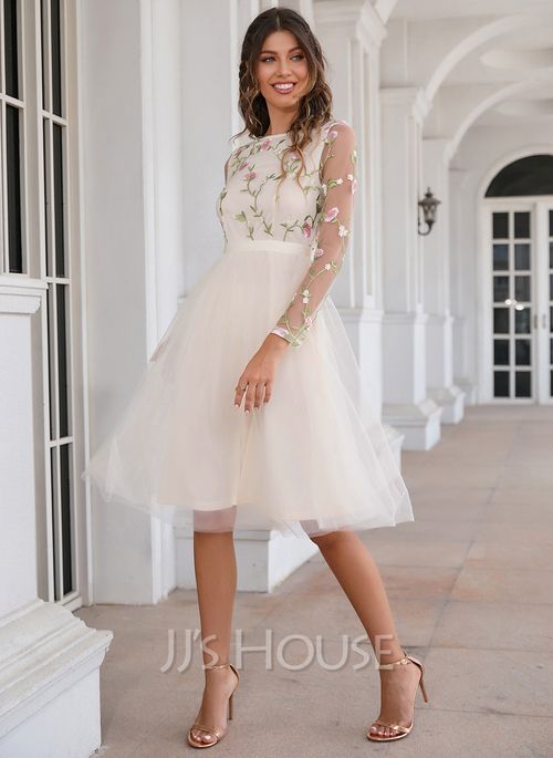 engagement dresses_[US$ 124] Embroidered Scoop Long Sleeve A-line Lace Tulle Midi Dress  - JJ's House