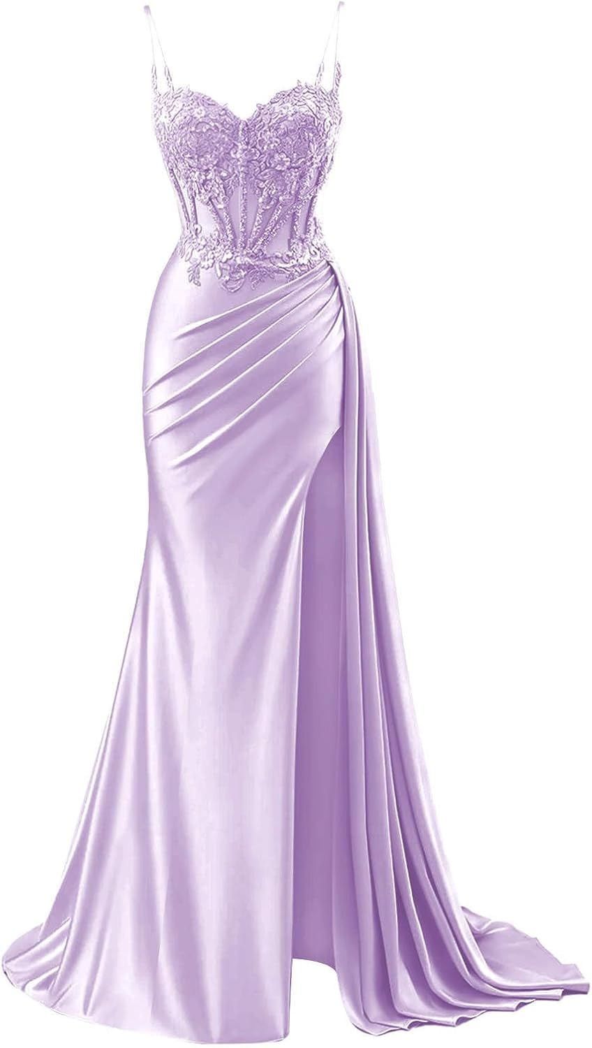 engagement dresses_Spaghetti Strap Prom Dresses Long Ball Gown with Lace Appliques Sweetheart Mermaid Satin Formal Dresses with Slit for Women Lavender 2