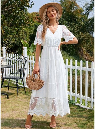 engagement dresses_JJ's House V-Neck Short Sleeve Flutter Sleeve A-line Lace Maxi Dress