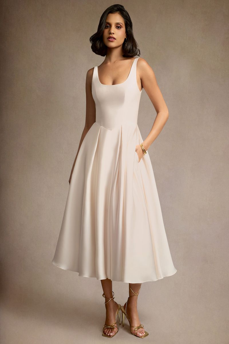 engagement dresses_Azazie Olivia Cream Pleated Midi Dress