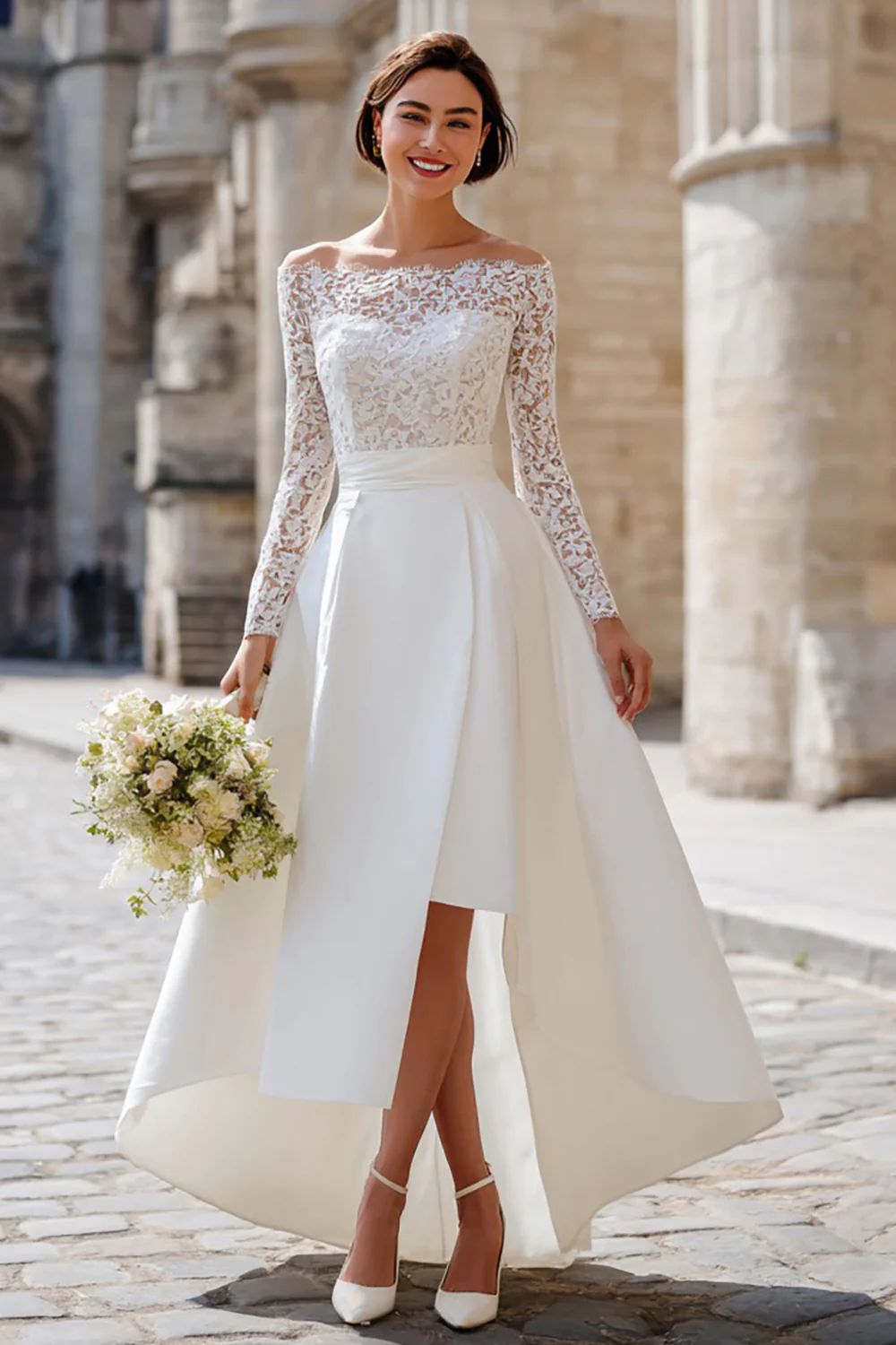 engagement dresses_Ivory Off the Shoulder A Line High-Low Engagement Dress with Lace