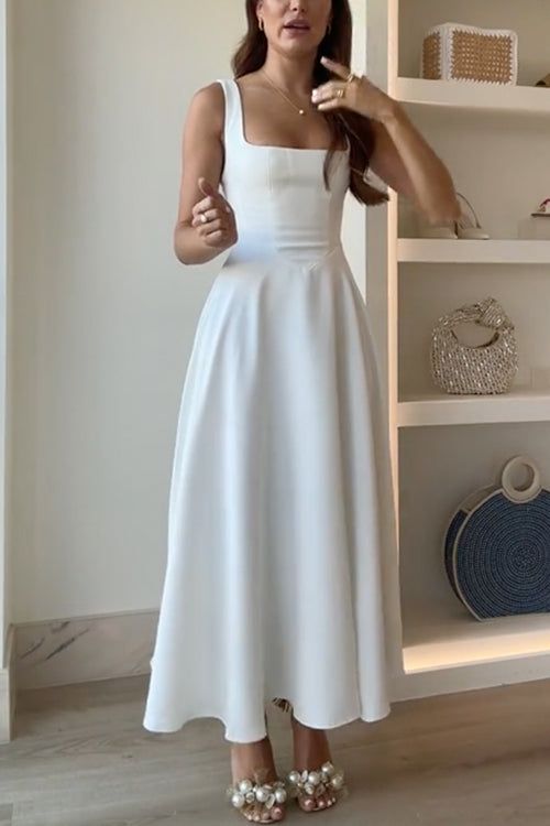 engagement dresses_Elegant Square Neck A-line Swing Maxi Cami Dress - White / S