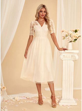 engagement dresses_JJ's House V-Neck Short Sleeve A-line Lace Tulle Midi Dress