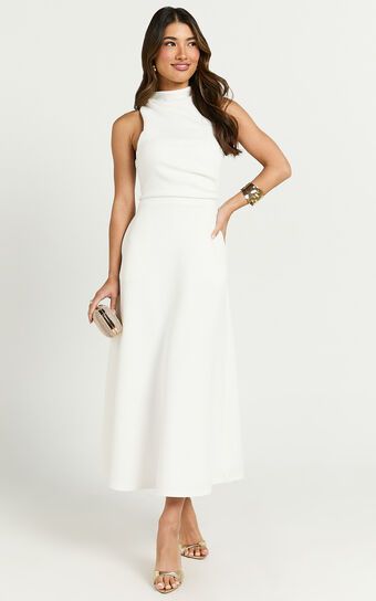 engagement dresses_Macy Midi Dress - High Neck A Line Dress in Off White