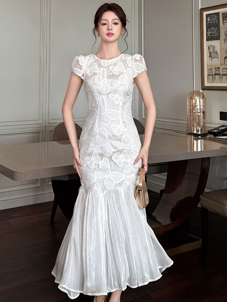 engagement dresses_Luxury Engagement White Dress Women's Exquisite Elegant Lace Slim Fit Fishtail Robe Sweet Party