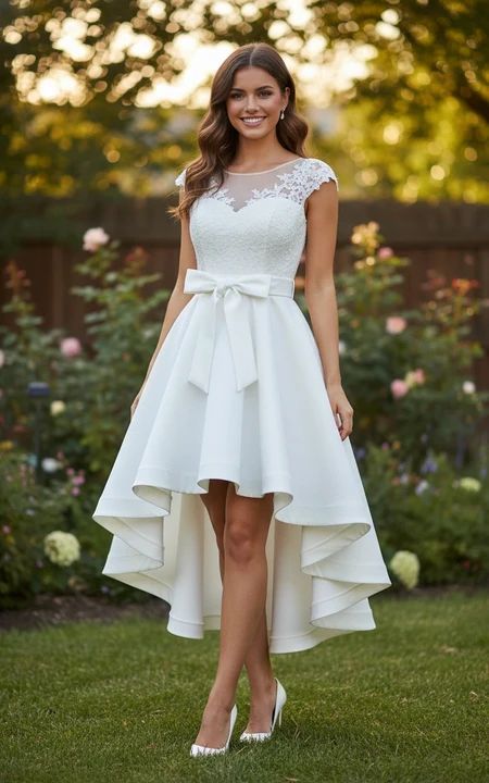 engagement dresses_Bateau Neck Short Sleeve High-Low Satin Dress