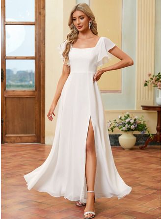 engagement dresses_JJ's House A-line Square Floor-Length Chiffon Wedding Dress With Ruffle