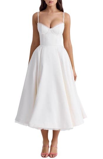 engagement dresses_HOUSE OF CB Mademoiselle Bustier Stretch Satin Midi Cocktail Dress in Ivory at Nordstrom, Size Medium A