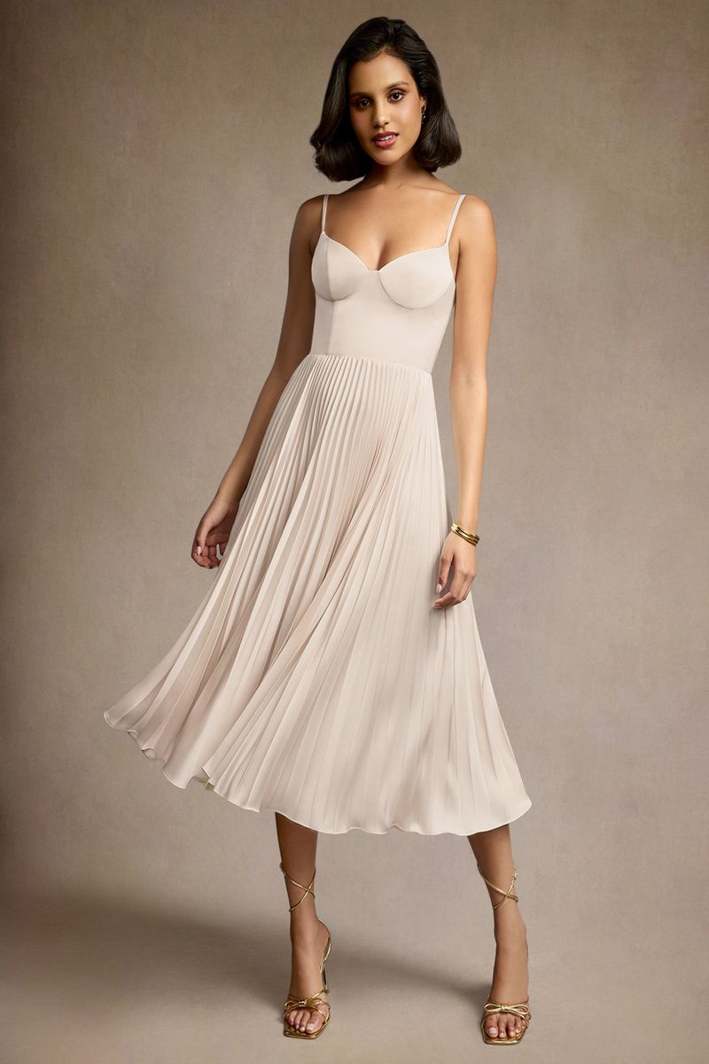 engagement dresses_Azazie Emma Cream Pleated Midi Dress
