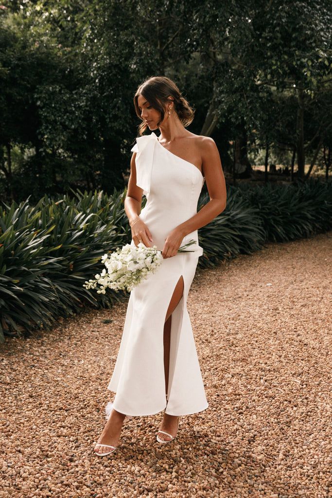 engagement dresses_Charmed One Shoulder Midi Dress - Off White