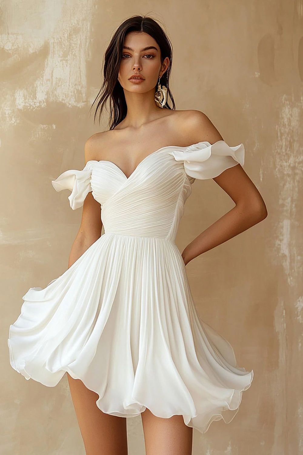 engagement dresses_A Line Ruffled Off the Shoulder Pleated White Graduation Dress