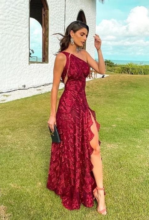 elegant dresses_Elegant One Shoulder Red Lace Prom Evening Dresses with Slit