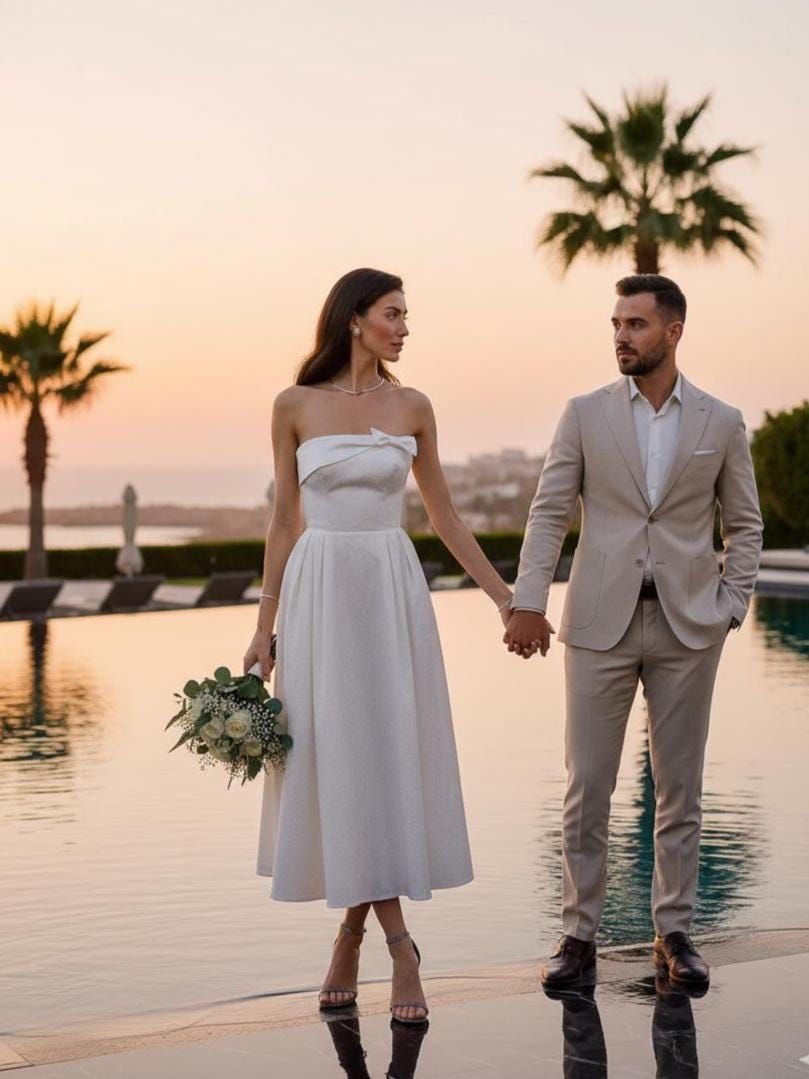 engagement dresses_Engagement Party White Corset Midi Dress: Jacquard Bow Strapless Wedding Gown