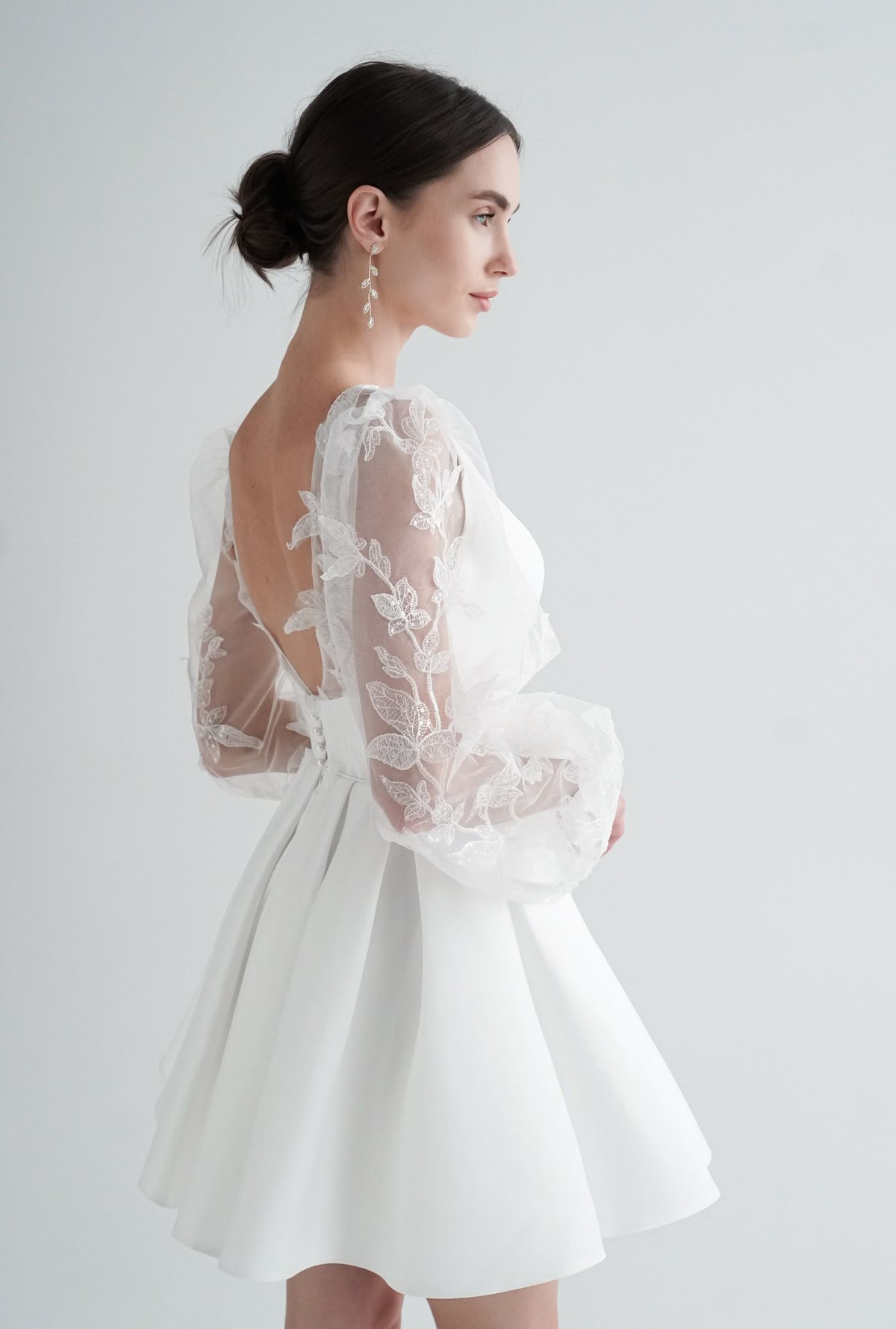 engagement dresses_Ivory Short Wedding Dress: Satin Elopement Gown with Lace Sleeves