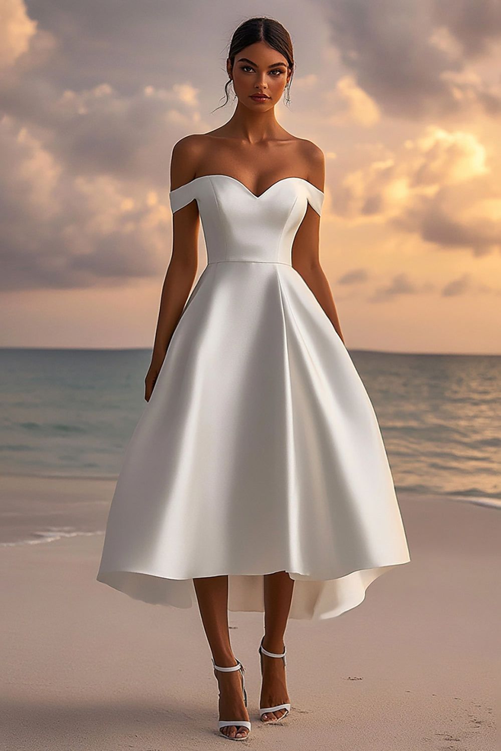 engagement dresses_Satin Off The Shoulder Tea Length White Wedding Dress