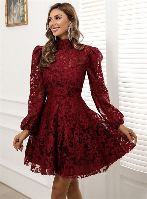 elegant dresses_In Stock:Ship in 48 Hours Burgundy Lace Long Sleeve Party Dress