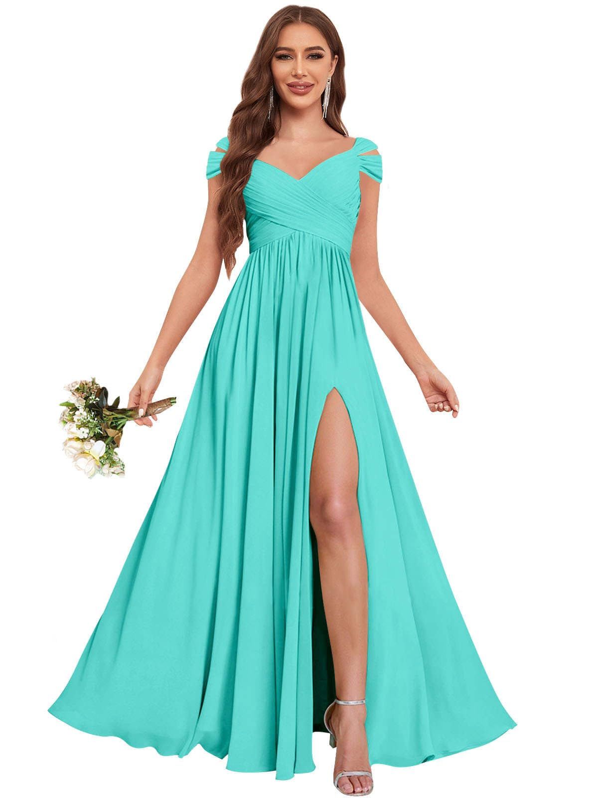 engagement dresses_Fu Jiang Women's Off The Shoulder Bridesmaid Dresses for Wedding with Slit Chiffon Pleated Long Formal Evening Dress