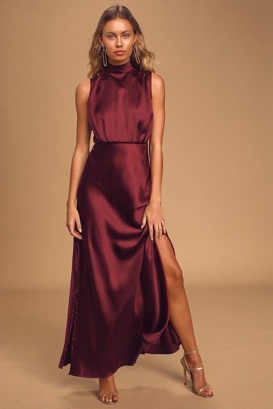 elegant dresses_Classic Elegance Wine Satin Maxi Dress
