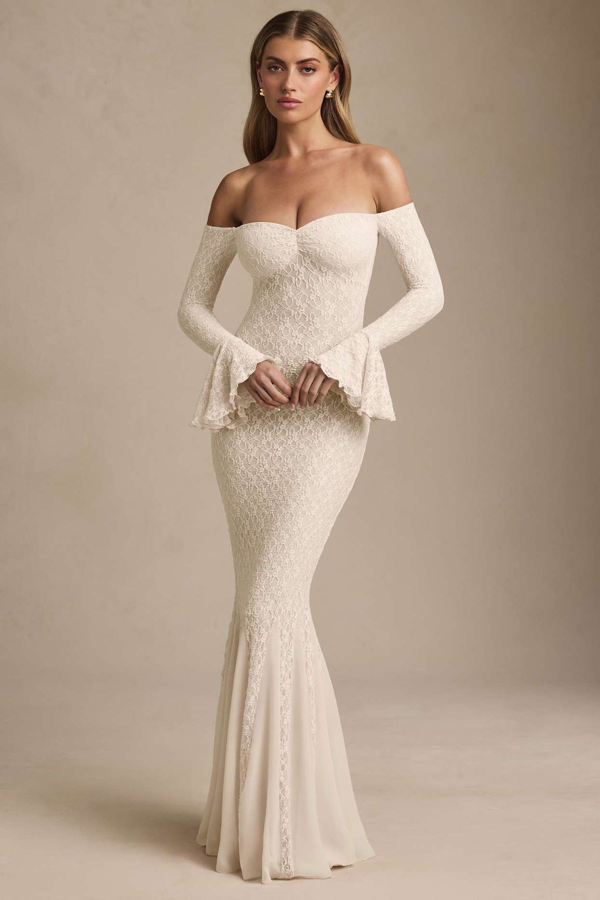 engagement dresses_Off-Shoulder Ruffle Lace Maxi Dress in Ivory