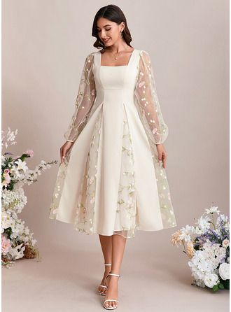 engagement dresses_JJ's House Embroidered Square Long Sleeve A-line Lace Midi Dress