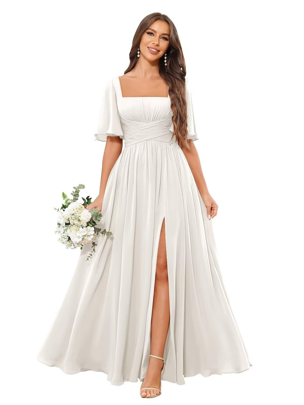 engagement dresses_CFQCX Short Sleeve Chiffon Bridesmaid Dresses with Slit Pockets Square Neck Pleated Formal Wedding Guset Dress