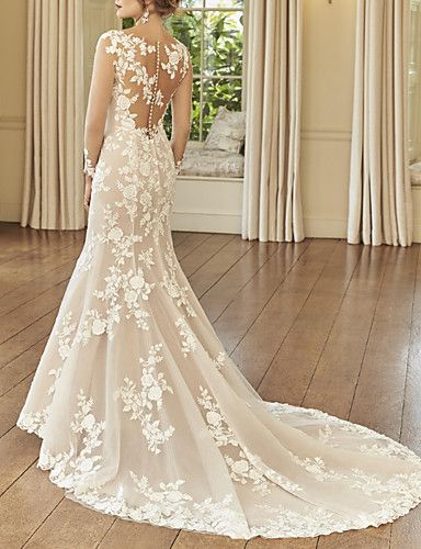 engagement dresses_Gouden Jurk Verloving Formele Bruiloft Jurken Zeemeermin Illusie Hals Lange Mouw Court Train Kant Bruidsjurken Met Borduursel om te imponeren 2025 - $269.99