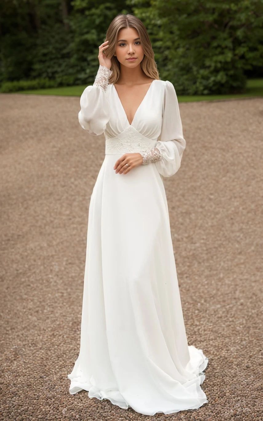 engagement dresses_Jolanda | A-Line Floor Chiffon Long Sleeve Wedding Dress with Sequins and Train - Diamond White / 2