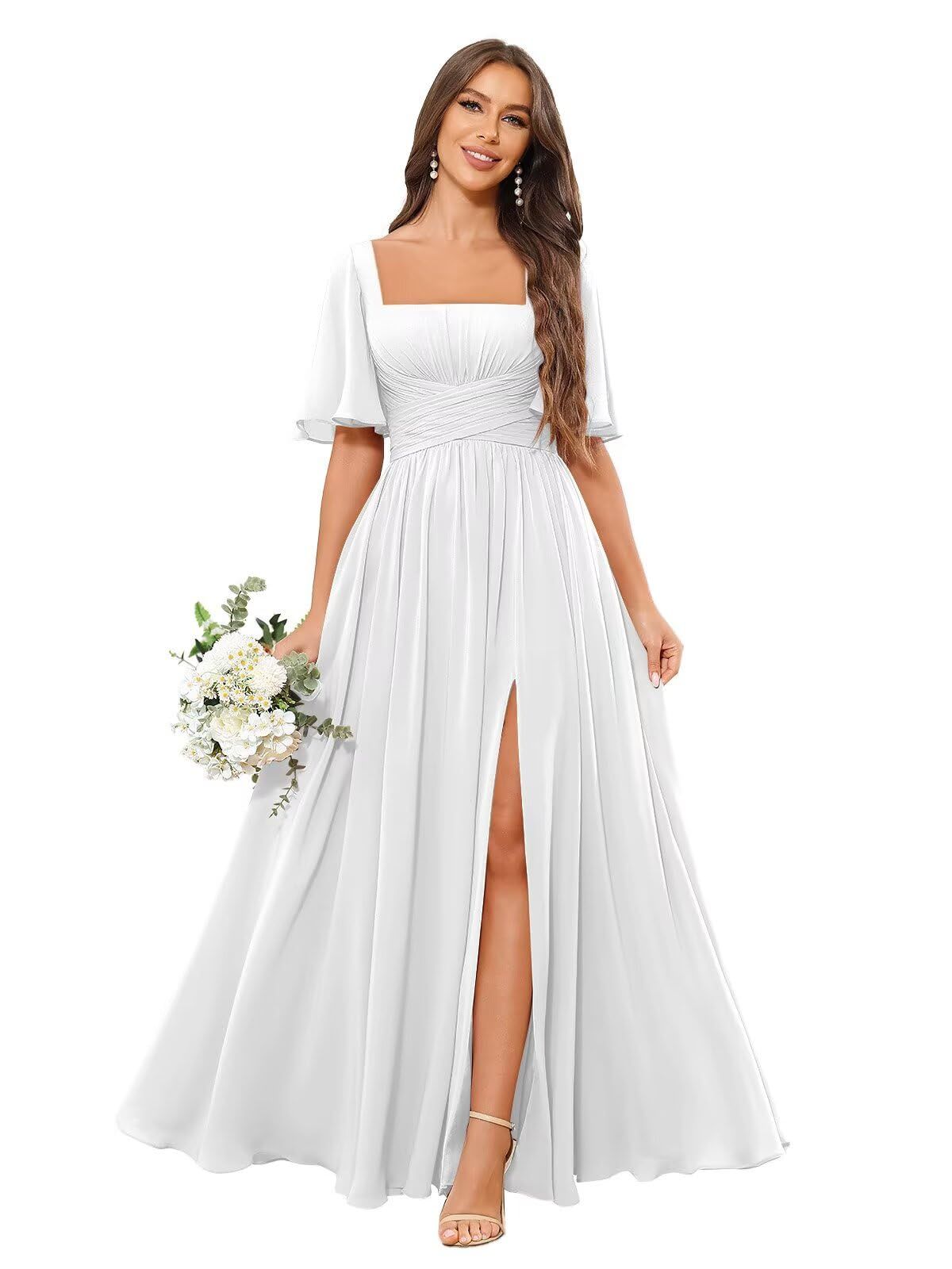 engagement dresses_CFQCX Short Sleeve Chiffon Bridesmaid Dresses with Slit Pockets Square Neck Pleated Formal Wedding Guset Dress