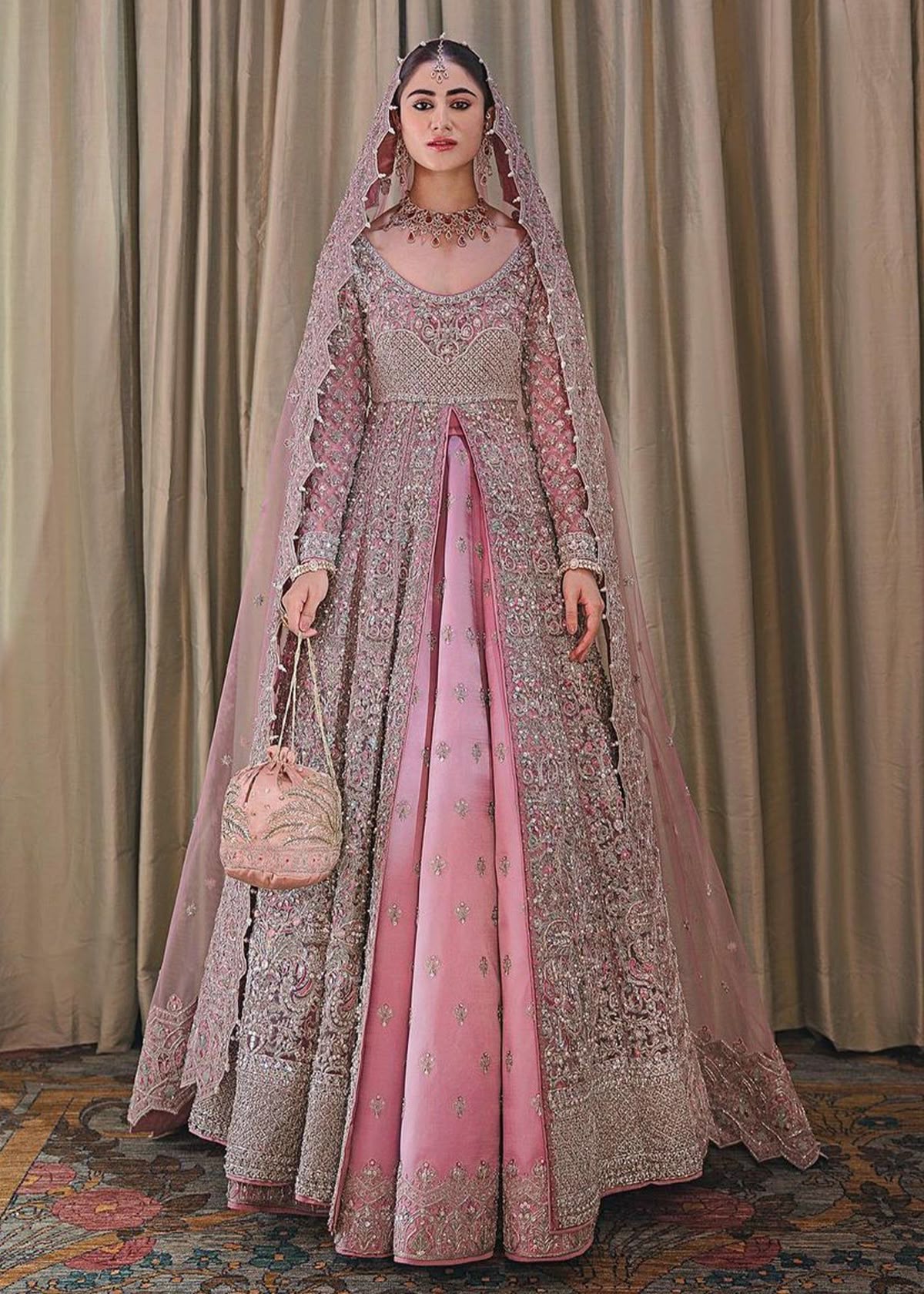 engagement dresses_Elegant Tea Pink Pakistani Bridal Dress Gown Pishwas in Lehenga Style - MEDIUM