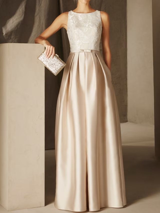 elegant dresses_A-Line Floor Length Evening Gown Ball Gown Formal Dress Elegant Empire Sleeveless Jewel Neck Formal Evening Fall Wedding Guest Satin with Sash / Ribbon Pleats Appliques 2025 - $134.99