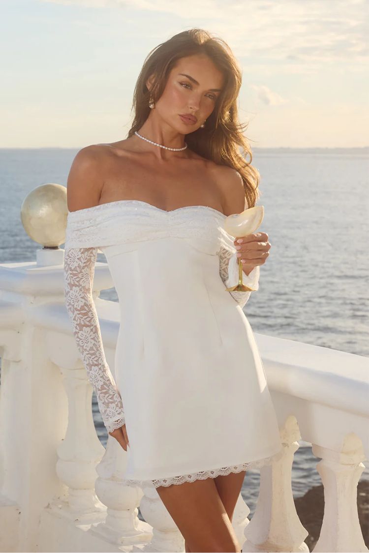 engagement dresses_Leona Lace Long Sleeve Mini Dress - White - L