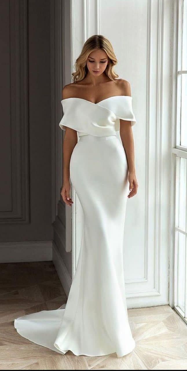 engagement dresses_White off shoulder, wedding dress, boat neckline dress, bridal dress, mermaid silhouette, engagement gown, floor length gown, dinner dress