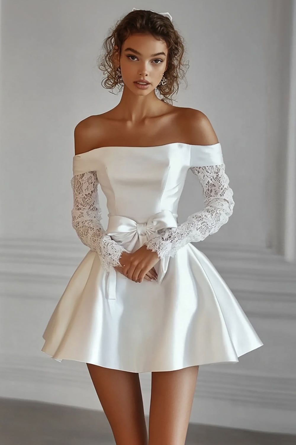 engagement dresses_Off The Shoulder Long Sleeves A Line White Graduation Dress