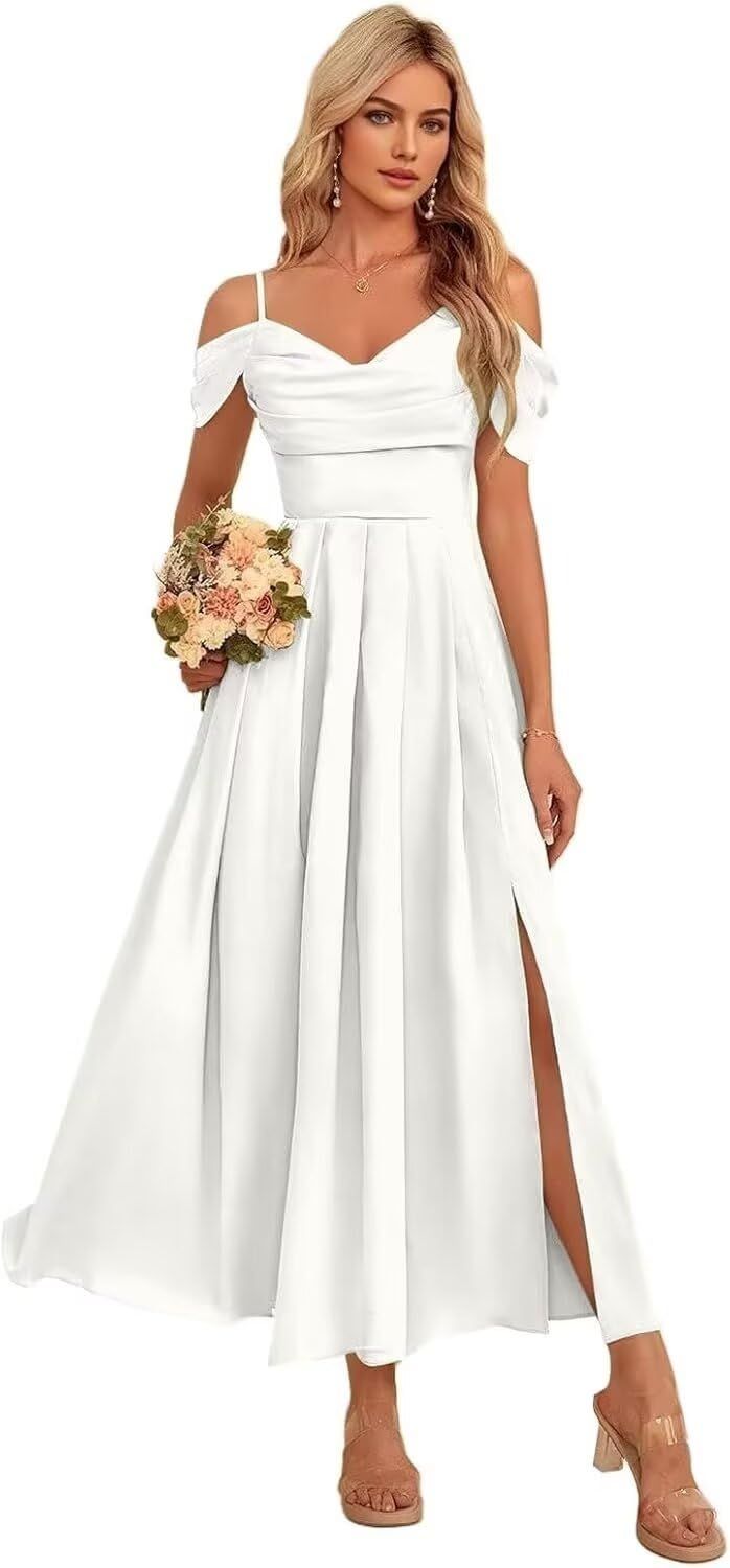 engagement dresses_Homuguz Women's Cold Shoulder Chiffon Bridesmaid Dresses with Slit Pleat Tea Length Formal Party Dress with Pocket HM066