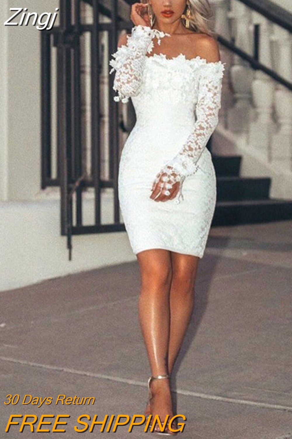 engagement dresses_Zingj Women's Elegant Sexy Lace Off Shoulder Floral Dress Special Occasion Bodycon Slim Dress Lady Casual Party Short Mini Dress White-XL