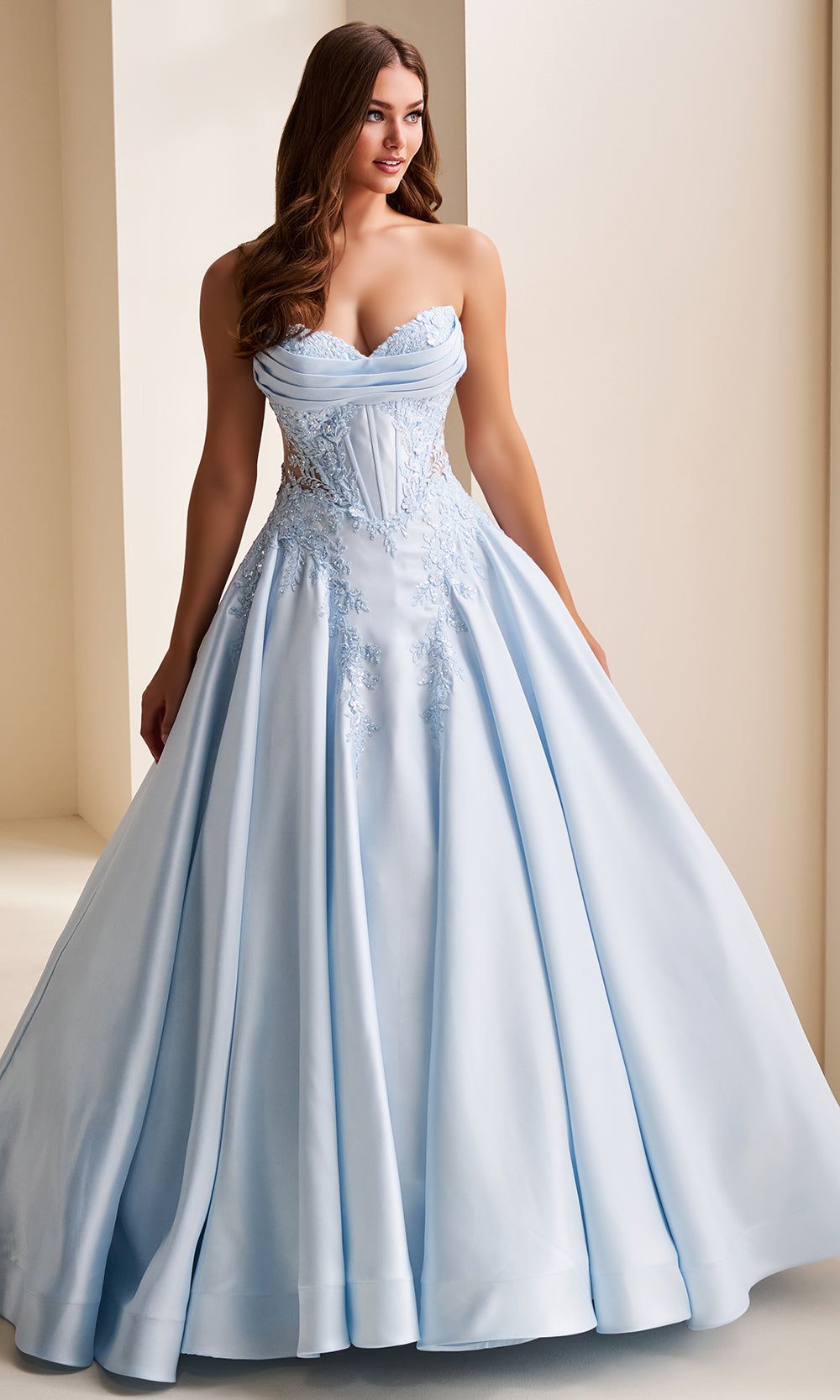 elegant dresses_Ellie Wilde EW37082 - Beaded Lace Mikado Prom Ballgown - 2 / Lt.Blue