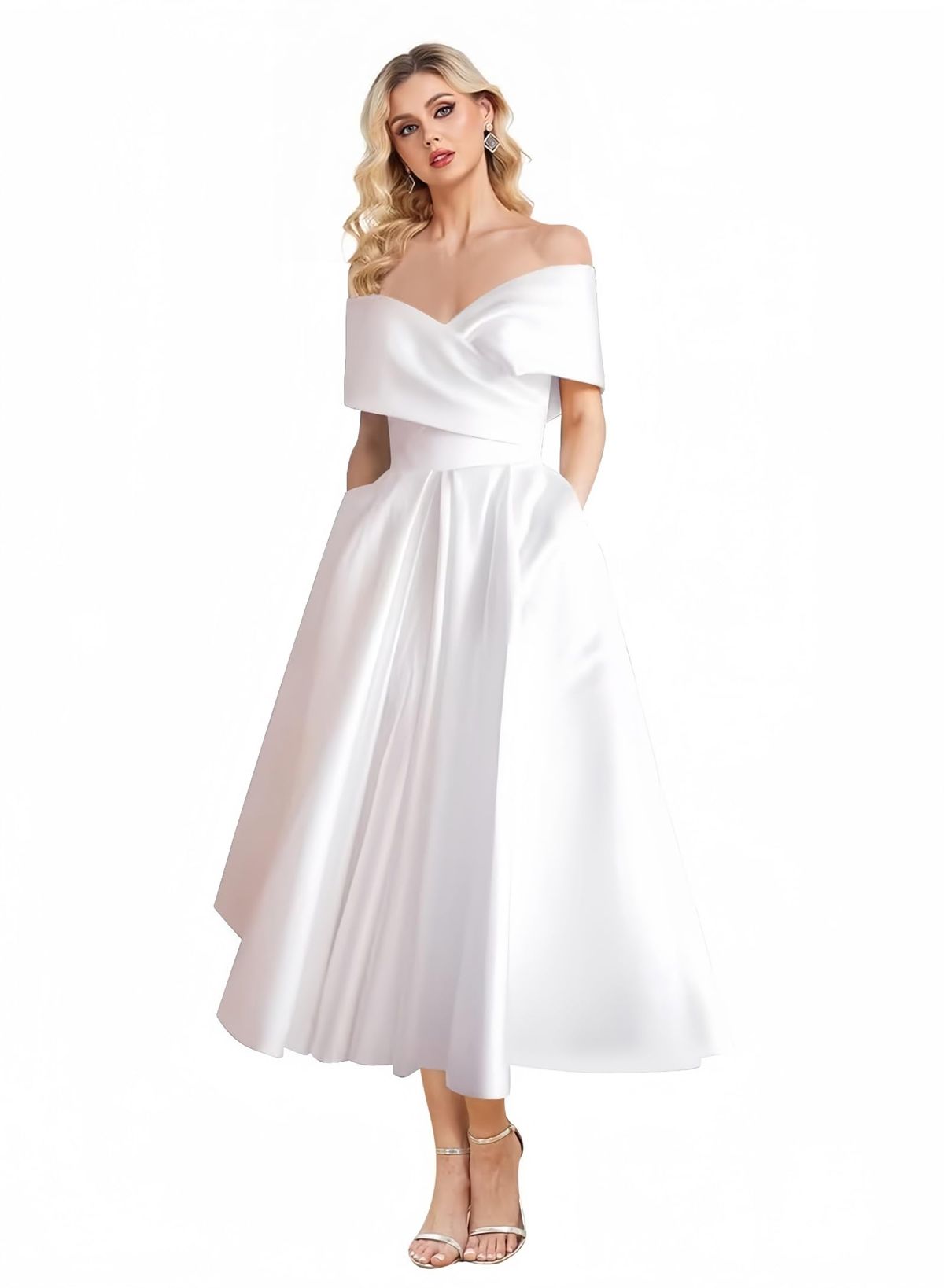 engagement dresses_Wirunsy Women's Off Shoulder Wedding Dress for Bride Tea Length A Line Satin Formal Prom Dresses with Pockets