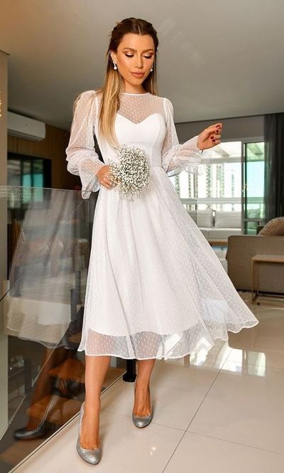 engagement dresses_Elegant A-Line Long Sleeve Tea Length Wedding Guest Dresses Evening Party Dresses from Vickidress