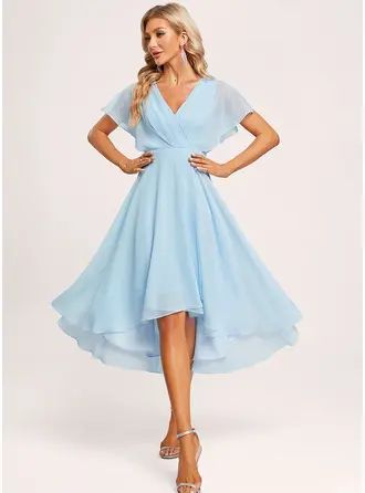 engagement dresses_JJ's House A-line V-Neck Asymmetrical Chiffon Bridesmaid Dress With Ruffle