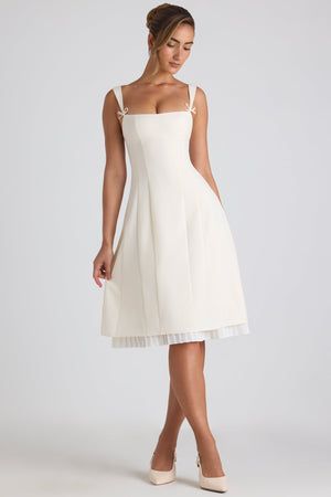 engagement dresses_Bow-Detail Pleated A-Line Midi Dress in Ivory