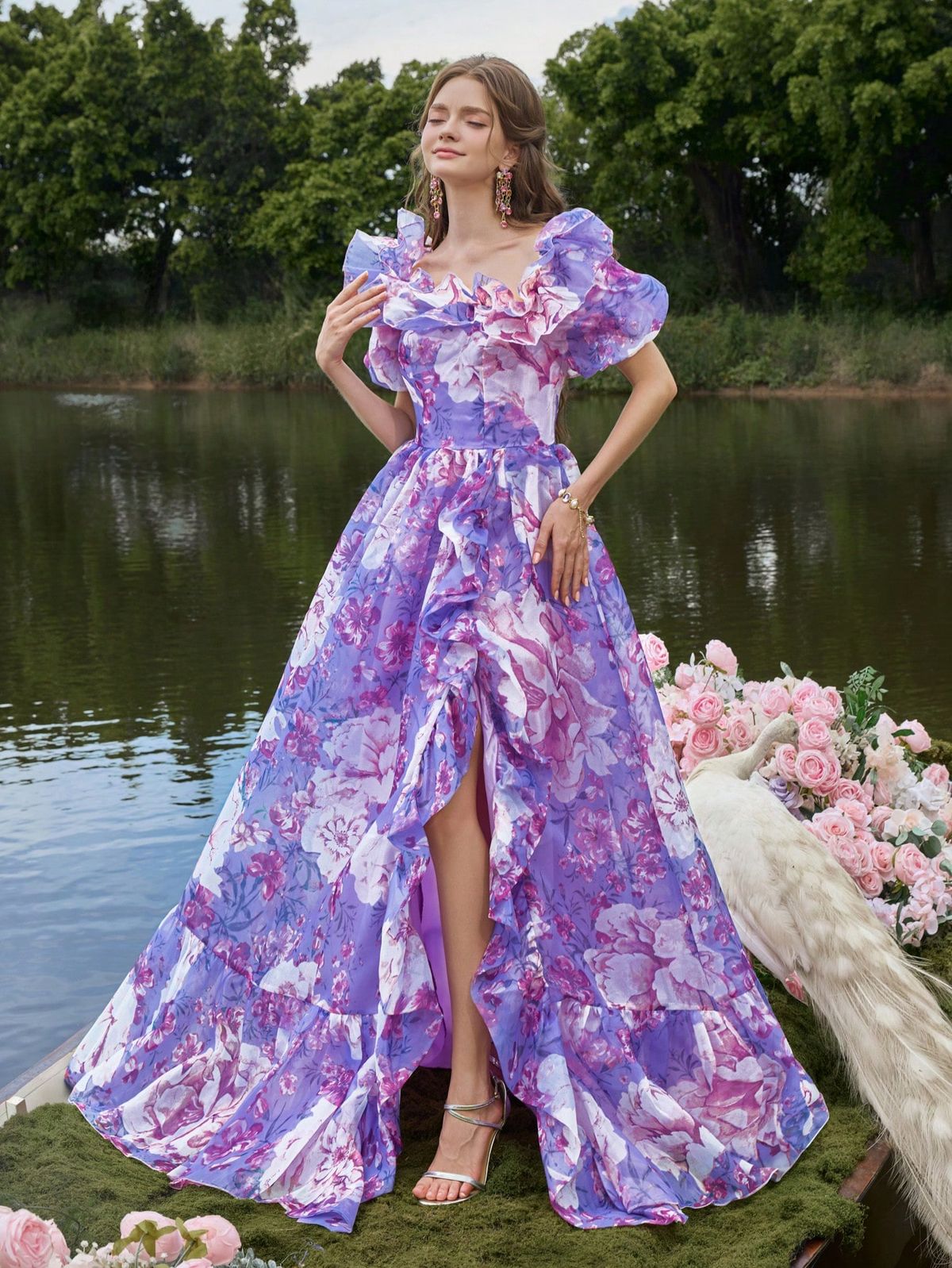 elegant dresses_Ultra-Thin Floor-Length Sheer Evening Dress, Backless Tie Design, Ruffle Trim, Printed Dress, Suitable For Spring/Summer Garden Party And Wedding