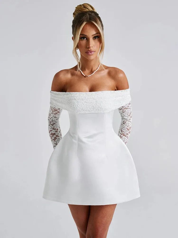 engagement dresses_Off-shoulder Long Sleeve Sexy Mini Dress For Women Robe Strapless Backless High Waist A-line Elegant Club Party Dress - WHITE / S