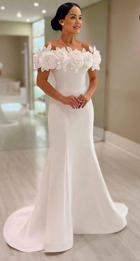 engagement dresses_Simple Sheath Off the Shoulder Handmade Flowers Wedding Dress Bridal Gowns from nikebridal