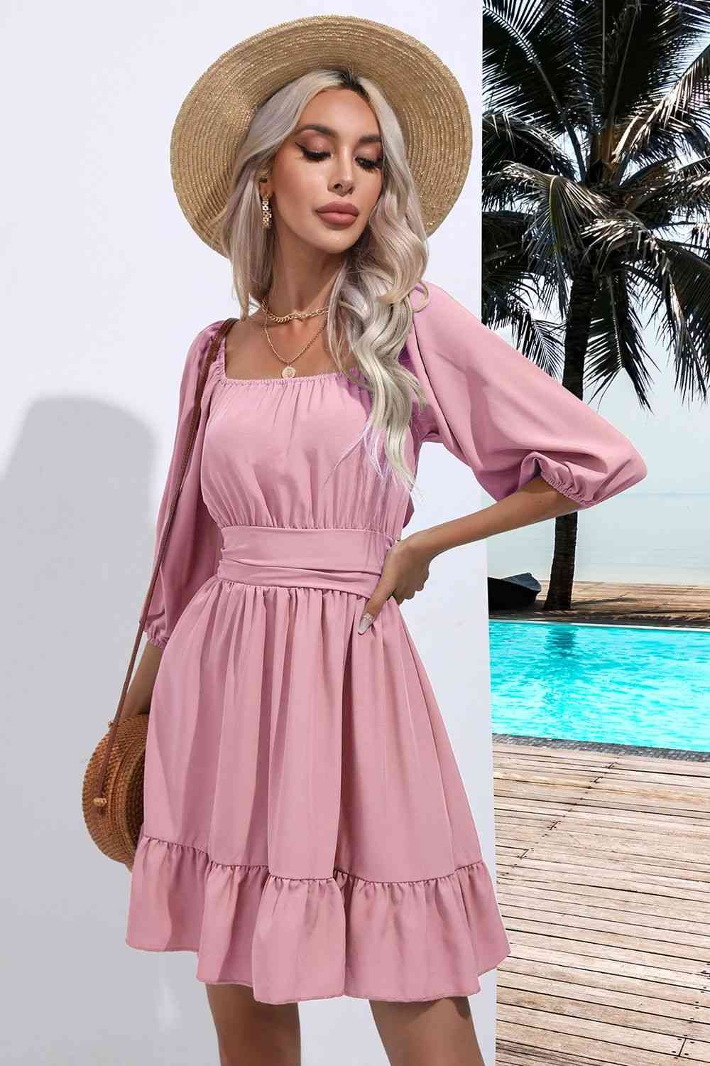 elegant dresses_Square Neck Tie Back Ruffle Hem Dress