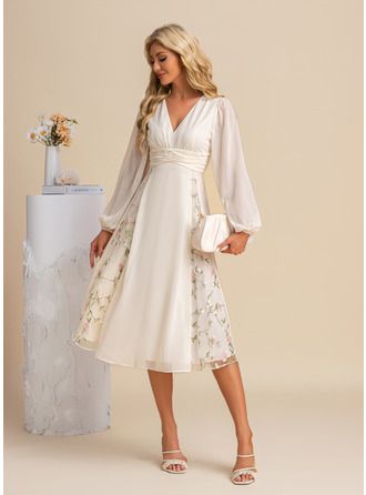 engagement dresses_JJ's House Pleated V-Neck A-line Chiffon Lace Midi Dress